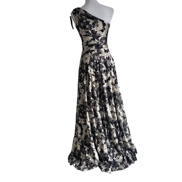 Betsy & Adam GWEN" LONG ONE SHOULDER WRAP FOIL FLOWER DRESS Sz 12 NEW MSRP $289 - Picture 5 of 12